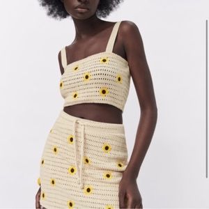 ZARA NWT Embroidered Crochet Top and Mini Skirt Set